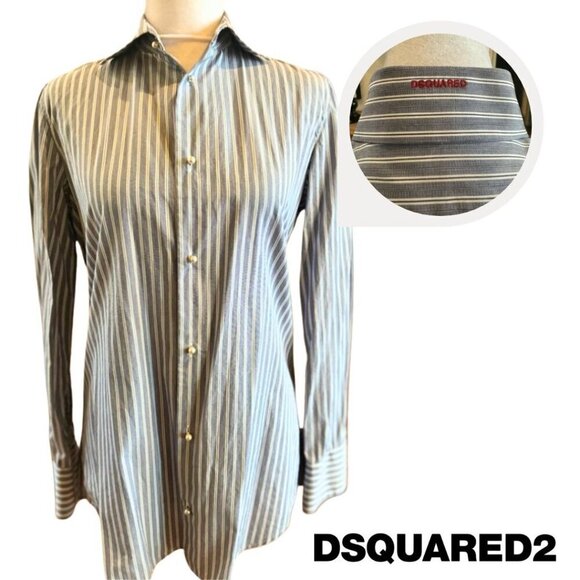 DSQUARED2 Pearl Button Grey White Stripe Button Up Shirt 44 Italy 8 US Stripe - Picture 1 of 13